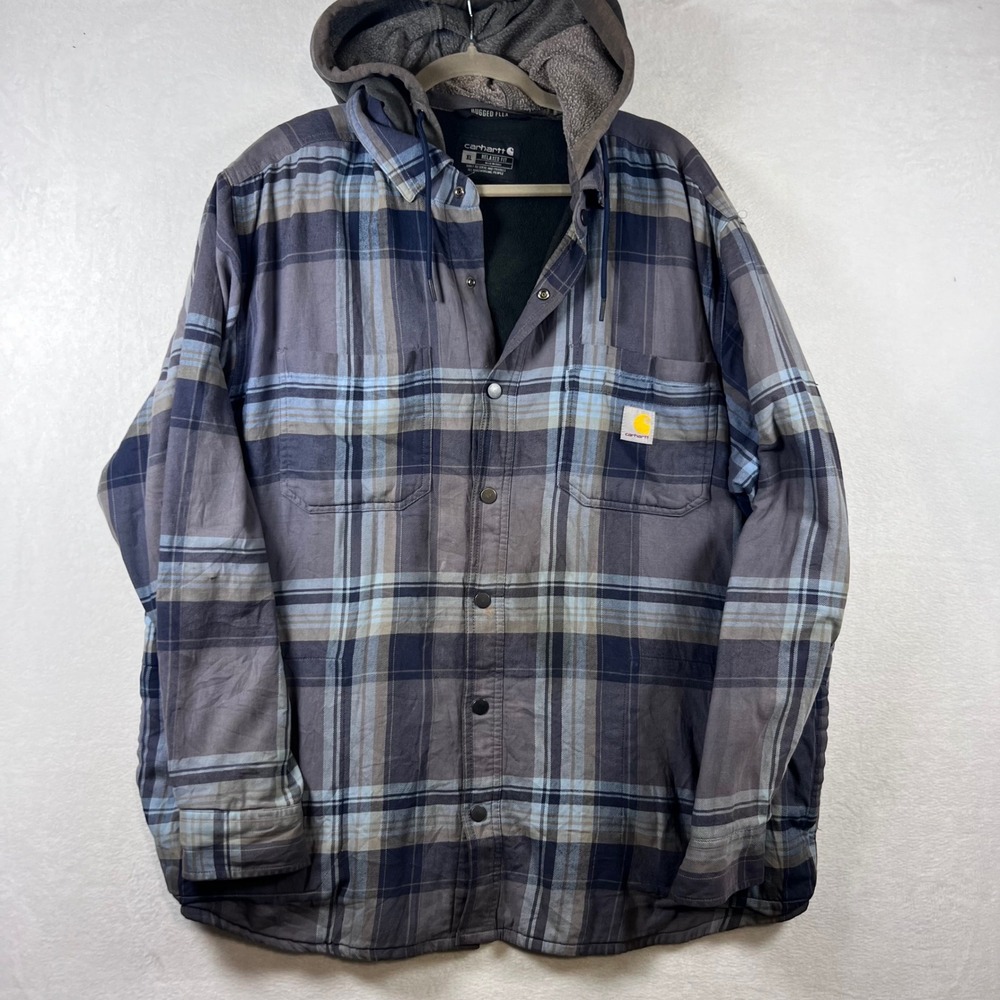 Carhartt Rugged Flex Hooded Flannel Shirt Jacket Mens XL Blue Plaid Utility